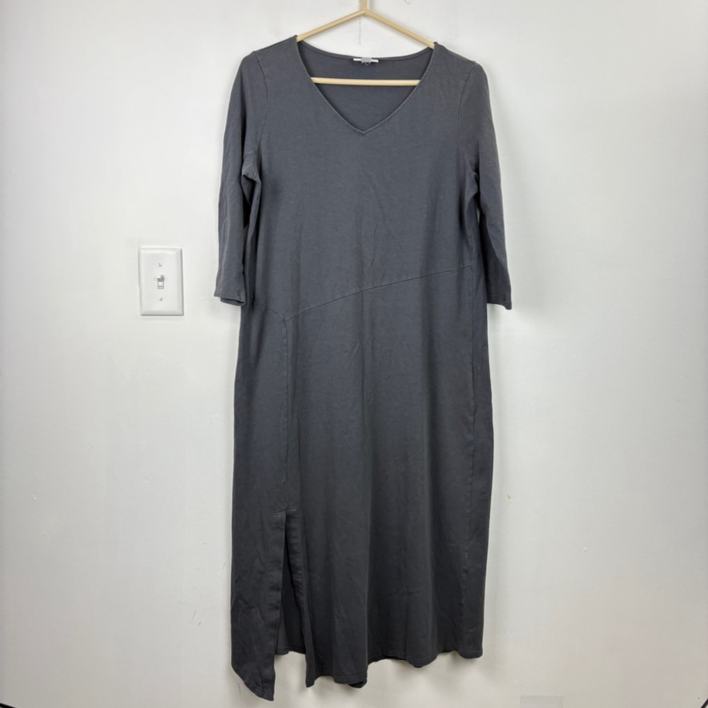 Purejill Cotton Modal Casual Gray Sheath Dress with V-Neck and 3/4 Sleeves